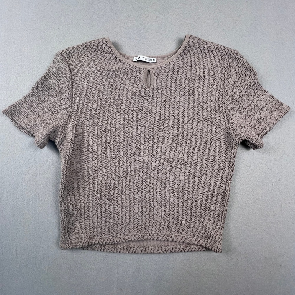 Zara Popcorn Knit‎ Top Womens Large Mauve Keyhole Short Sleeve Textured Cropped